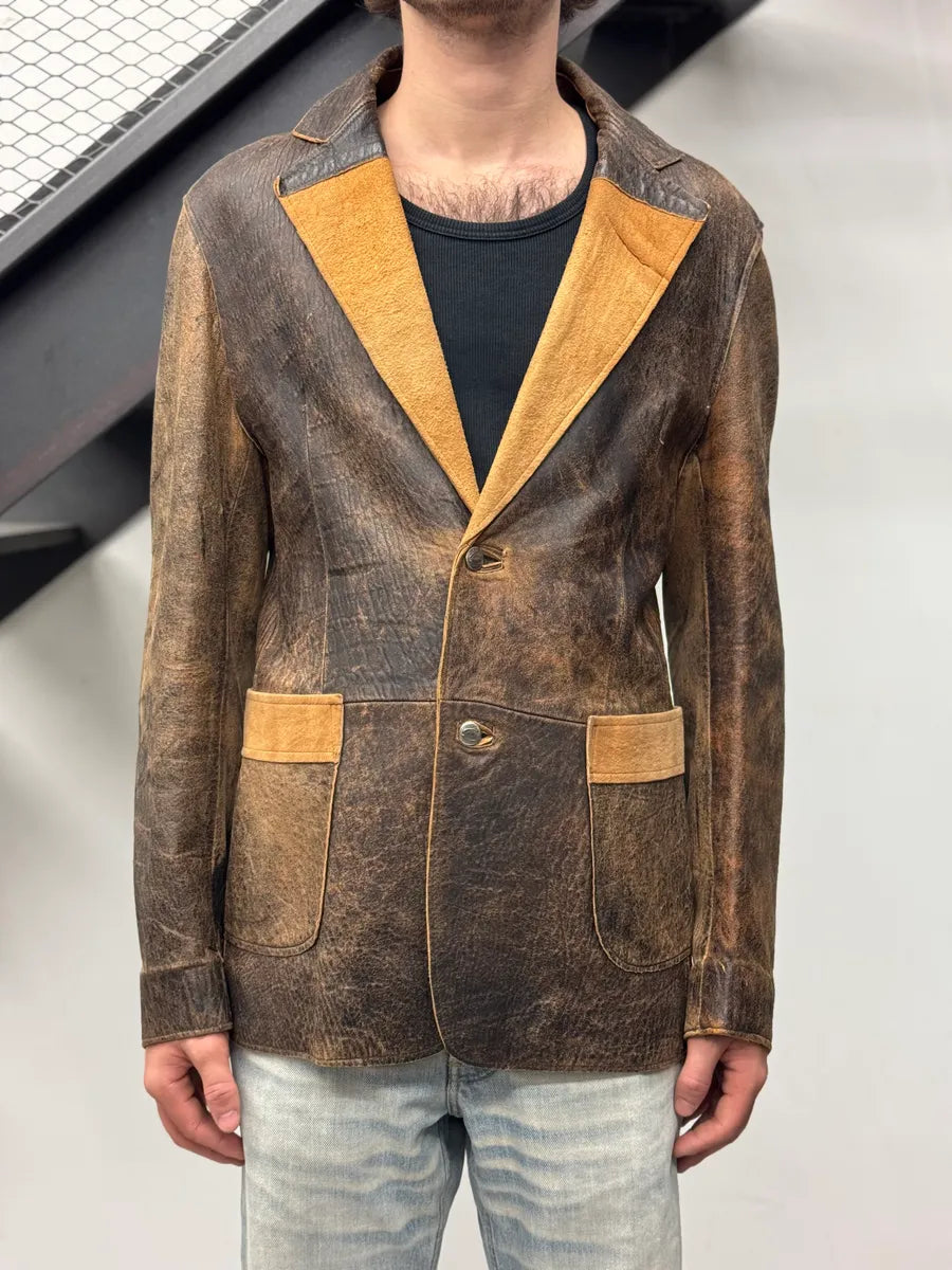 2000s Cavalli Raw Brown Leather Suit Jacket behkCbg 1