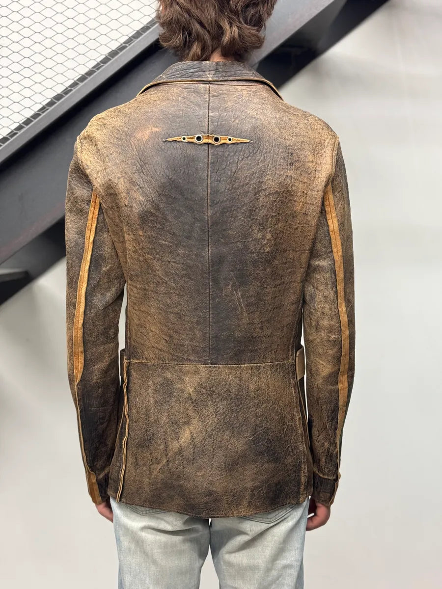 2000s Cavalli Raw Brown Leather Suit Jacket behkCbg 2