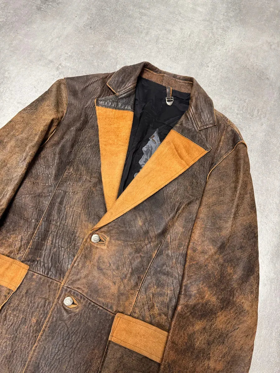 2000s Cavalli Raw Brown Leather Suit Jacket behkCbg 3
