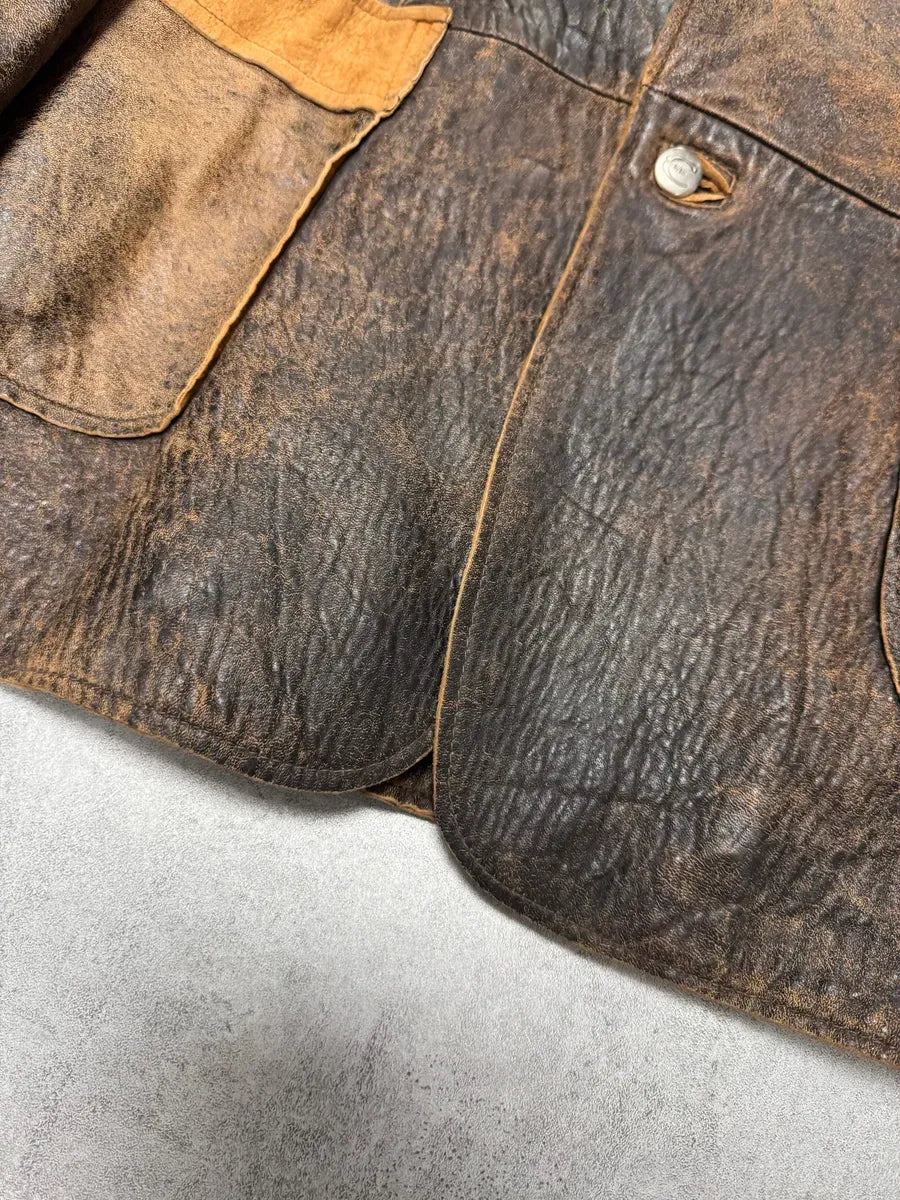 2000s Cavalli Raw Brown Leather Suit Jacket behkCbg 4