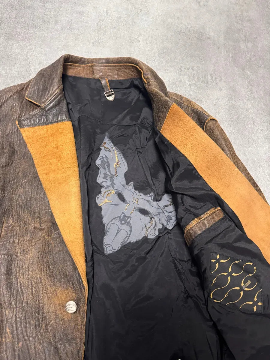2000s Cavalli Raw Brown Leather Suit Jacket behkCbg 5
