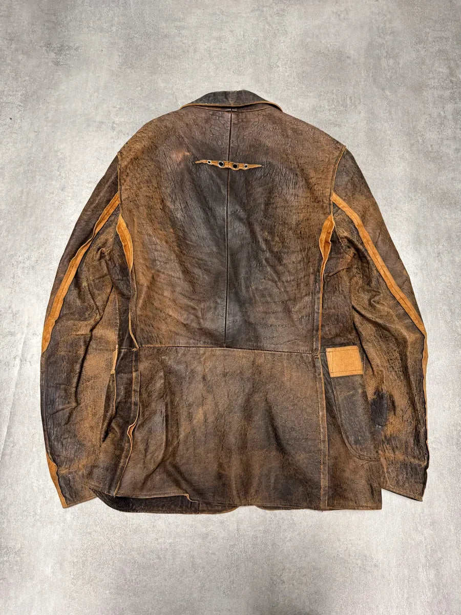 2000s Cavalli Raw Brown Leather Suit Jacket behkCbg 6