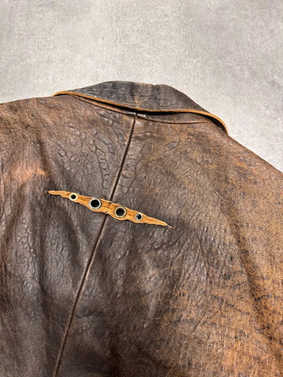 2000s Cavalli Raw Brown Leather Suit Jacket behkCbg 7