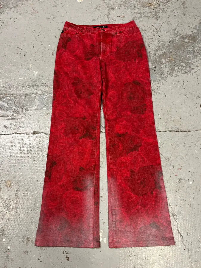 2000s Cavalli Red Blossom Flowers Pants fusVCqs 0