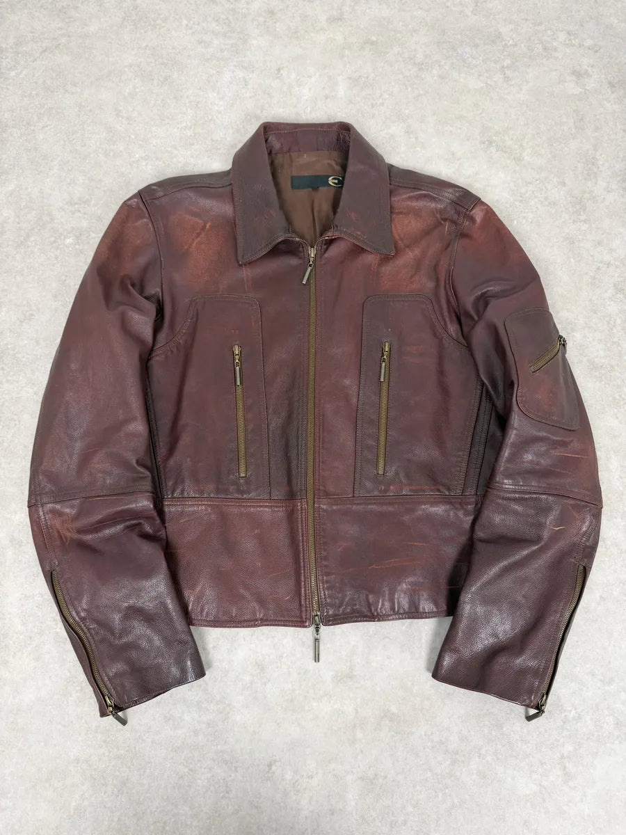 2000s Cavalli Red Bordeaux Fighter Leather Jacket qryxNku 0