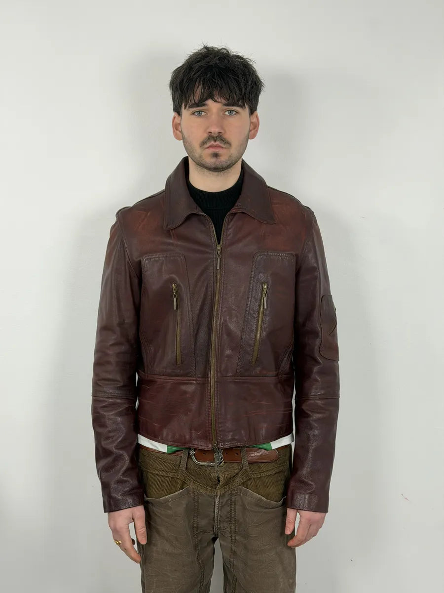 2000s Cavalli Red Bordeaux Fighter Leather Jacket qryxNku 1