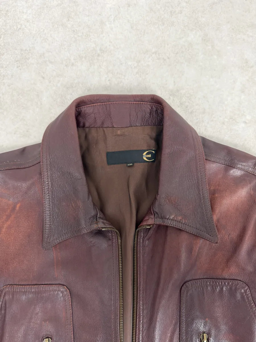 2000s Cavalli Red Bordeaux Fighter Leather Jacket qryxNku 9