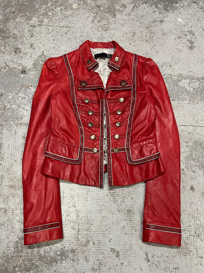 2000s Cavalli Red Leather Imperial Buttoned Jacket xVYUxLp 0