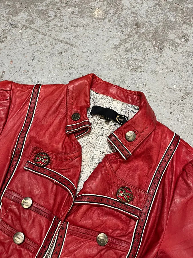 2000s Cavalli Red Leather Imperial Buttoned Jacket xVYUxLp 1