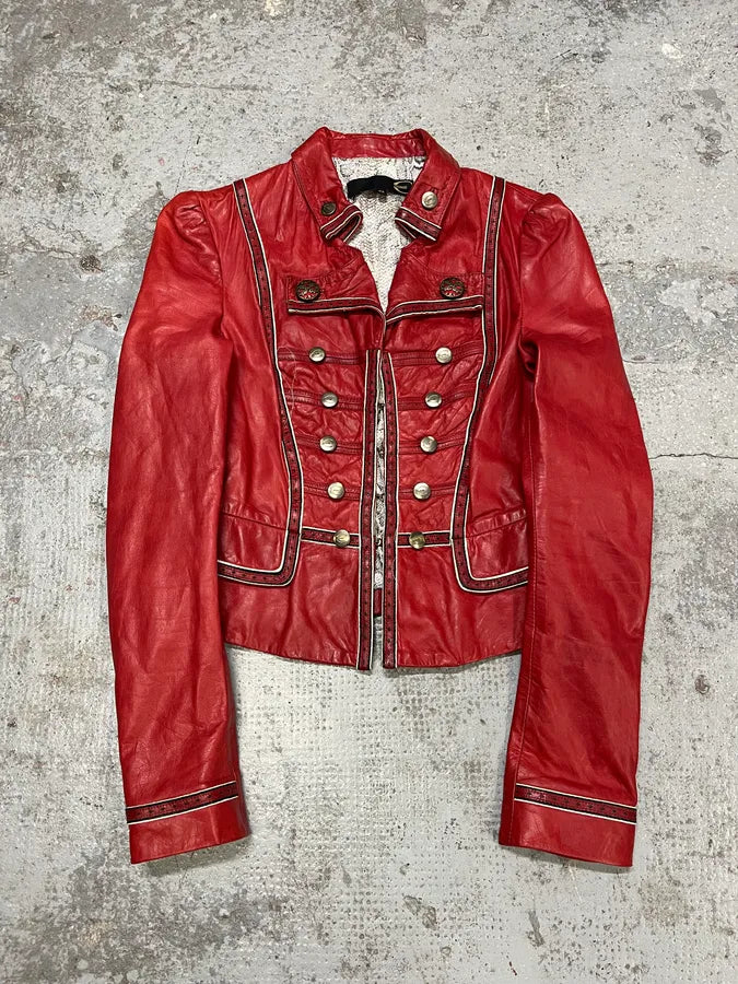 2000s Cavalli Red Leather Imperial Buttoned Jacket xVYUxLp 2