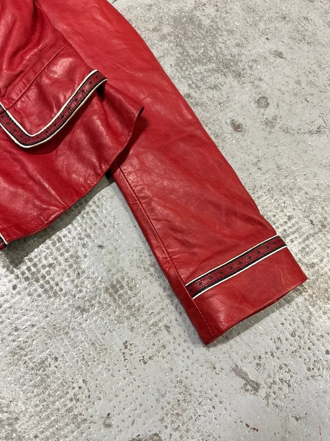 2000s Cavalli Red Leather Imperial Buttoned Jacket xVYUxLp 3