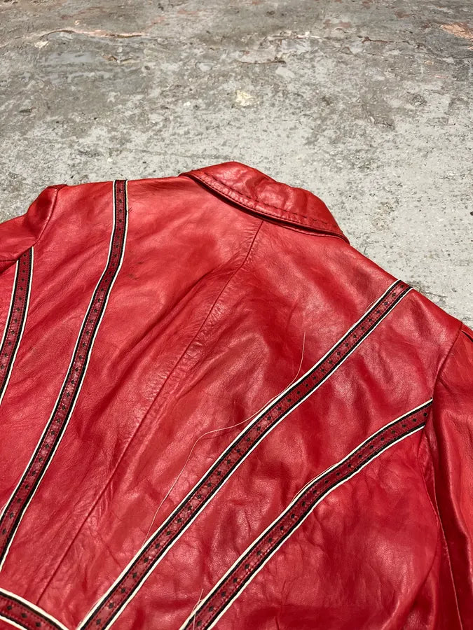 2000s Cavalli Red Leather Imperial Buttoned Jacket xVYUxLp 4