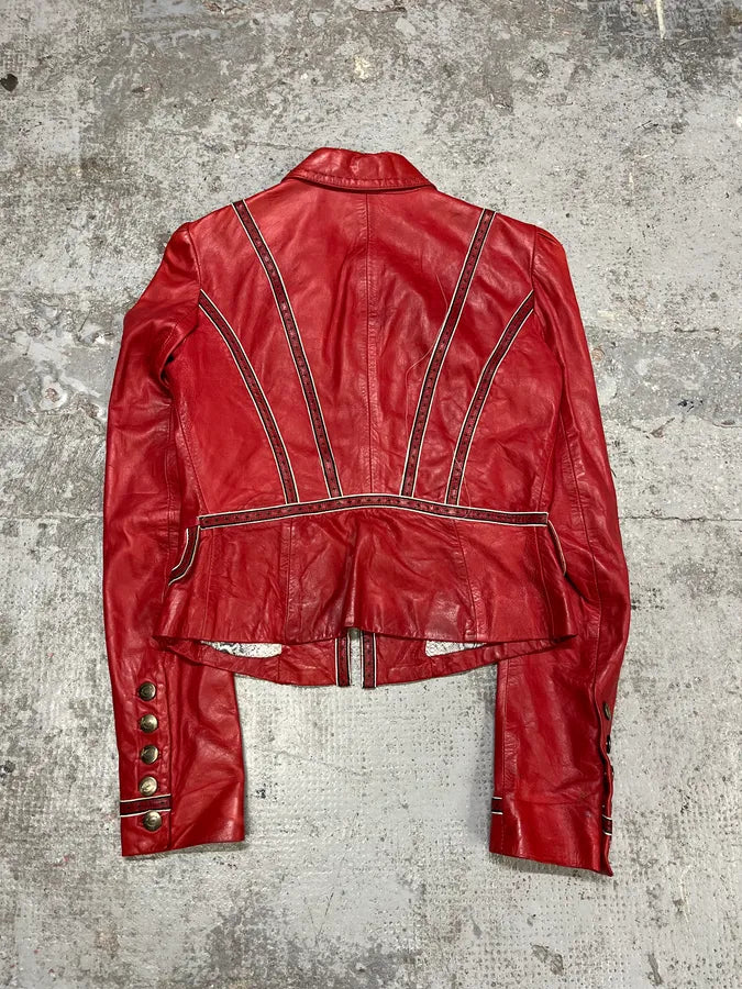 2000s Cavalli Red Leather Imperial Buttoned Jacket xVYUxLp 5