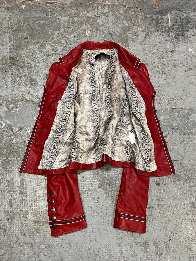 2000s Cavalli Red Leather Imperial Buttoned Jacket xVYUxLp 6