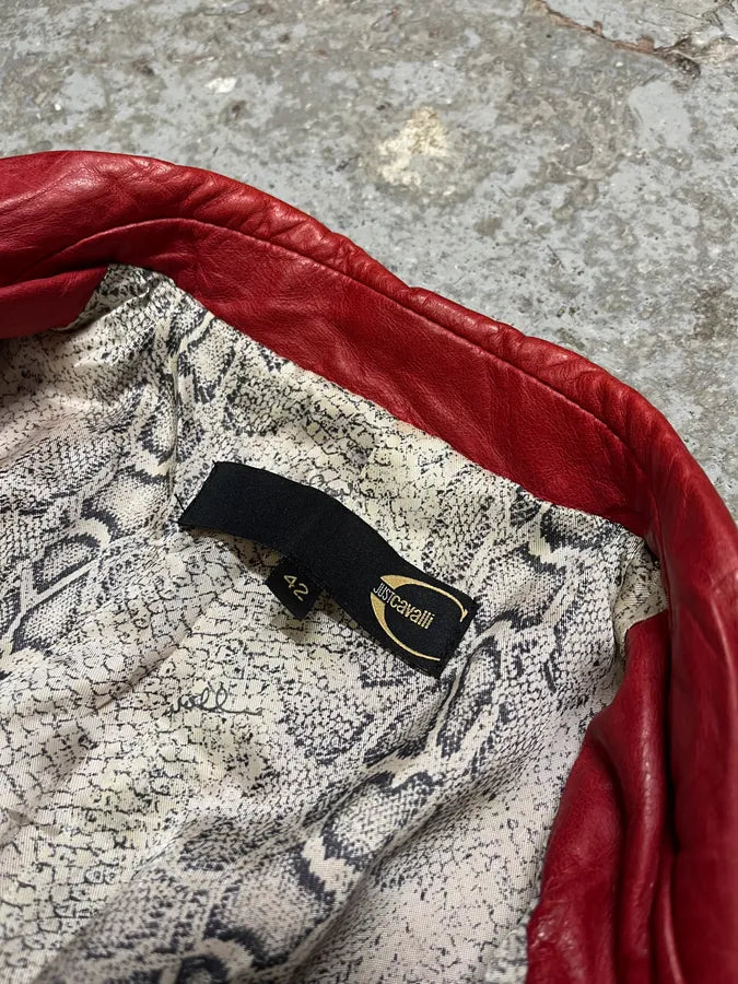 2000s Cavalli Red Leather Imperial Buttoned Jacket xVYUxLp 7