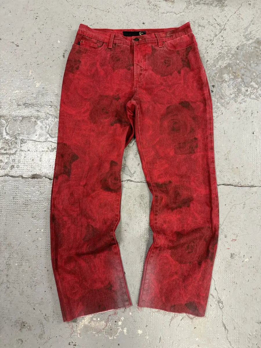 2000s Cavalli Red Roses Flowers Eroded Pants vzjNUgw 0