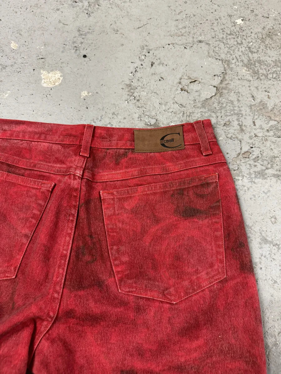 2000s Cavalli Red Roses Flowers Eroded Pants vzjNUgw 5