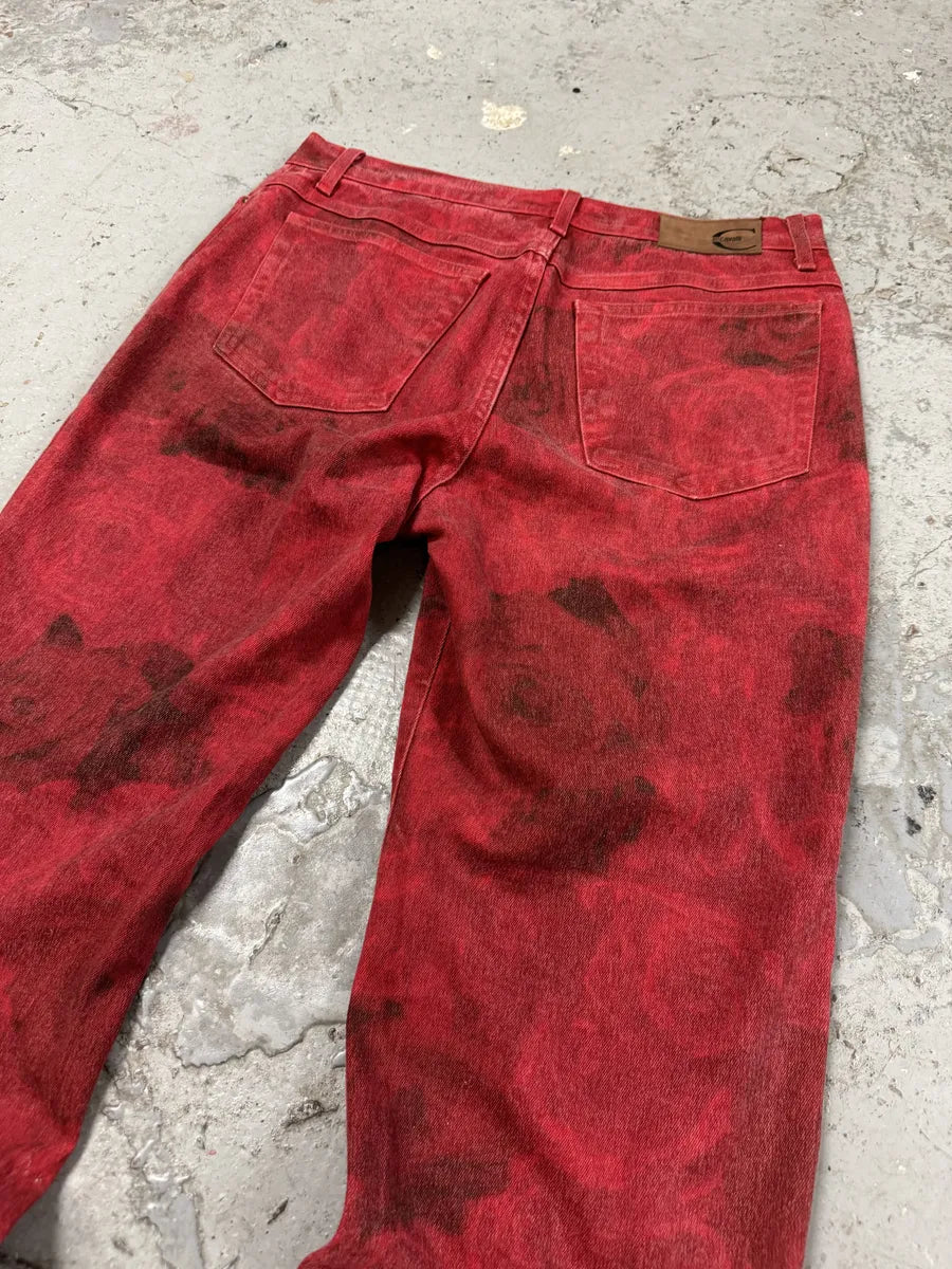 2000s Cavalli Red Roses Flowers Eroded Pants vzjNUgw 6