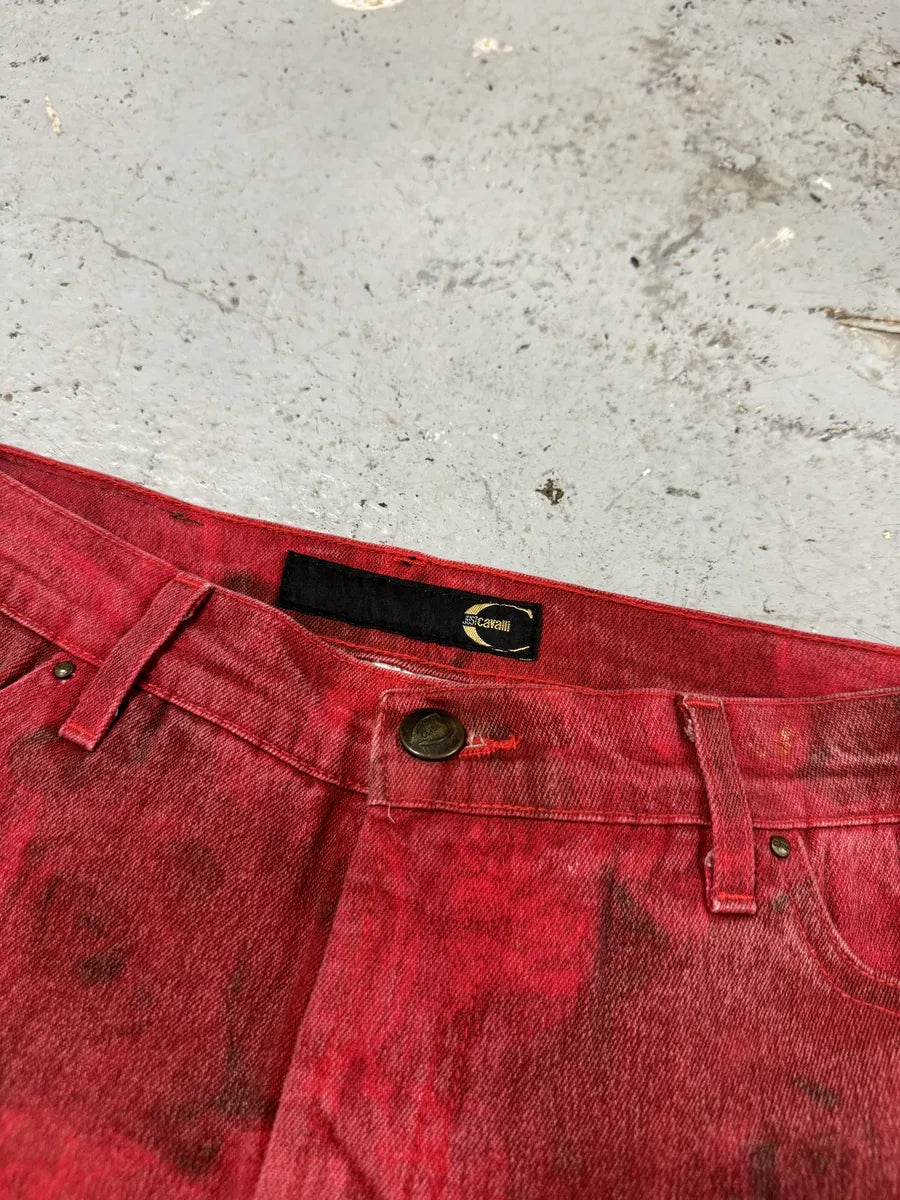 2000s Cavalli Red Roses Flowers Eroded Pants vzjNUgw 8