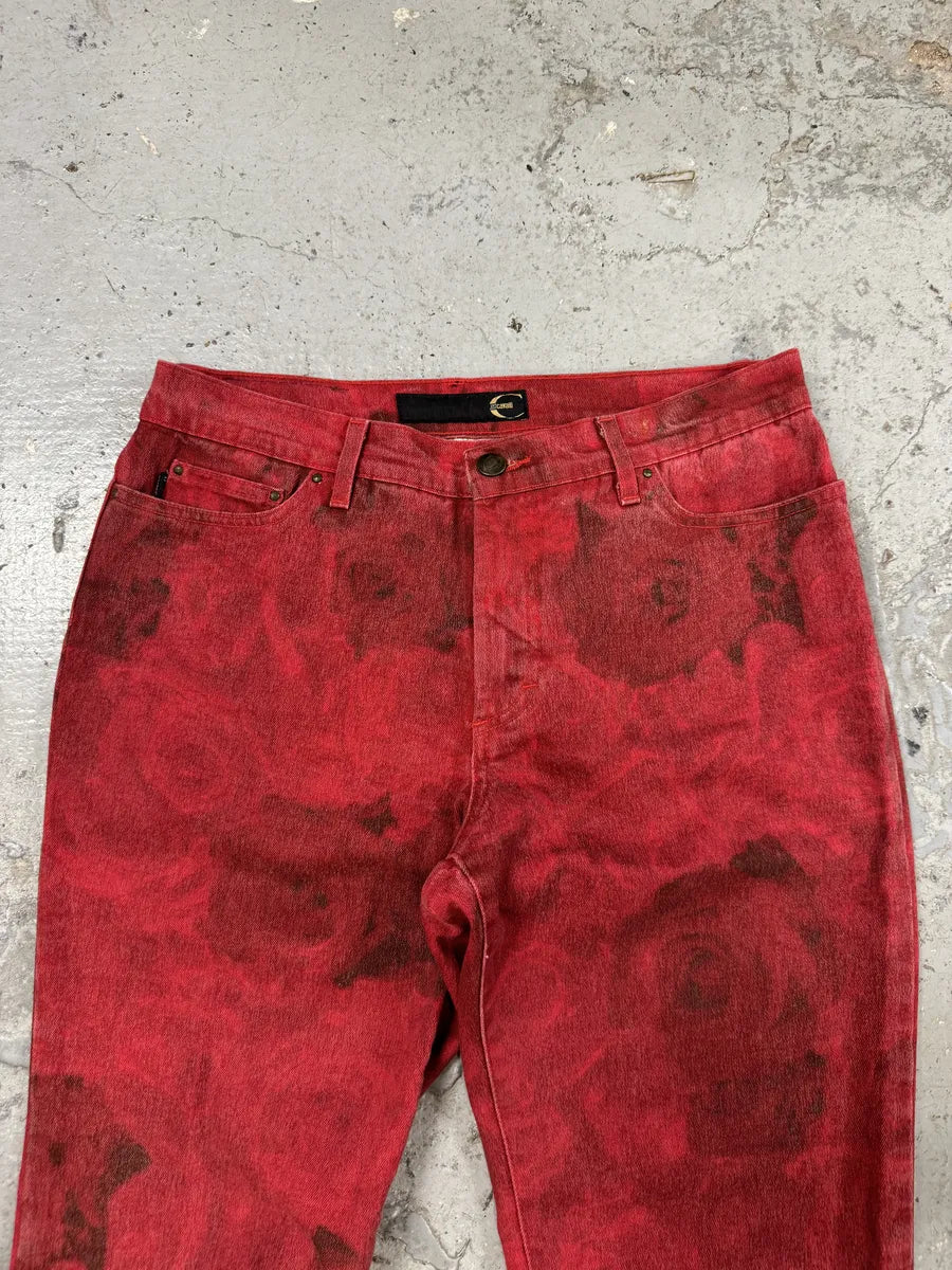 2000s Cavalli Red Roses Flowers Eroded Pants vzjNUgw 9