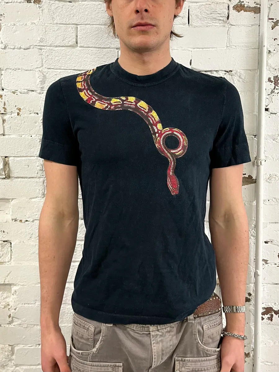 2000s Cavalli Red Snake Black T-Shirt kvhetsS 1
