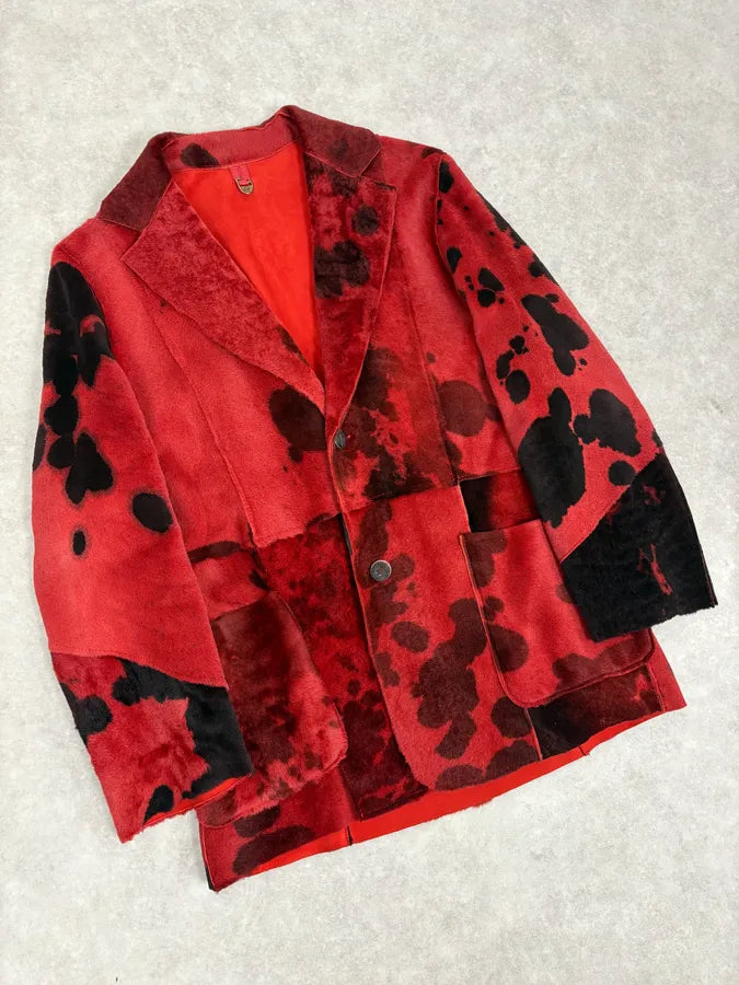 2000s Cavalli Red & Black Abstract Fur Blazer Jacket roligFe 3