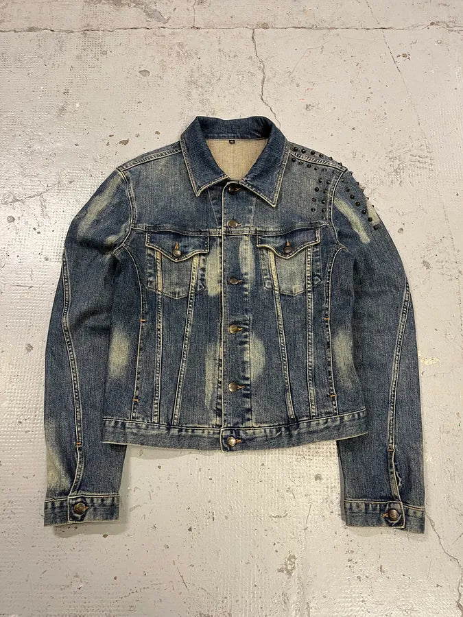 2000s Cavalli Rock Studded Faded Blue Denim Jacket SxiQOrt 0