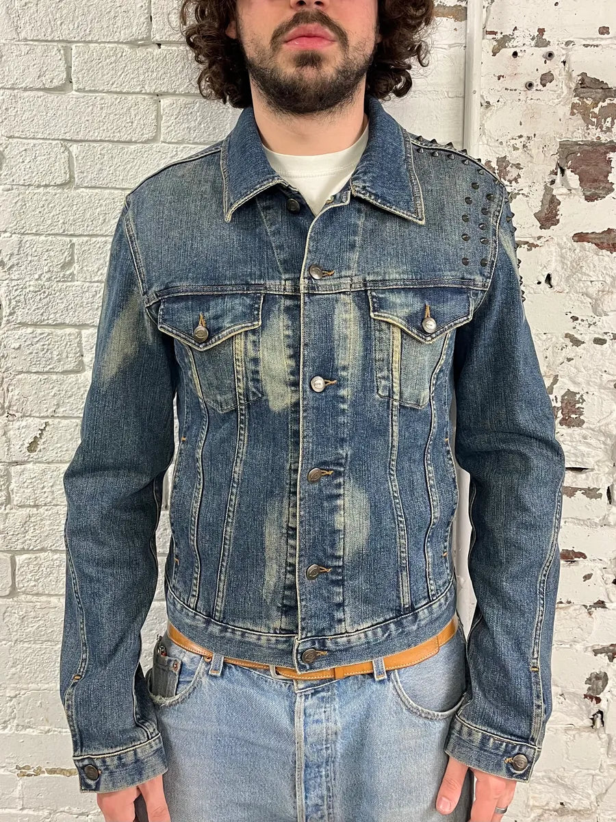 2000s Cavalli Rock Studded Faded Blue Denim Jacket SxiQOrt 1