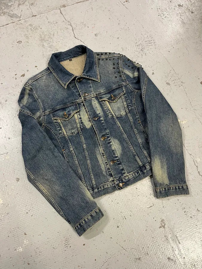 2000s Cavalli Rock Studded Faded Blue Denim Jacket SxiQOrt 3