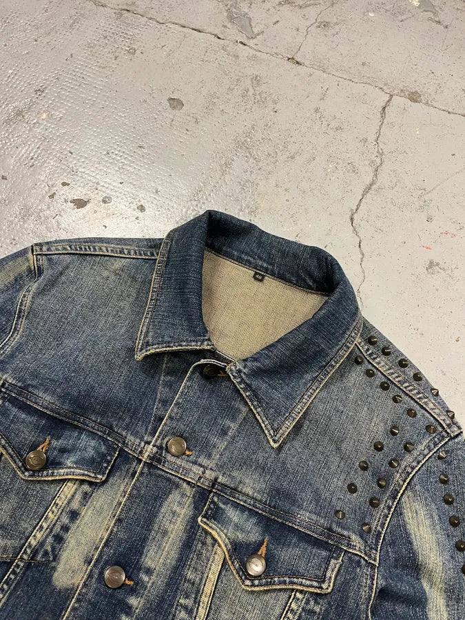 2000s Cavalli Rock Studded Faded Blue Denim Jacket SxiQOrt 4