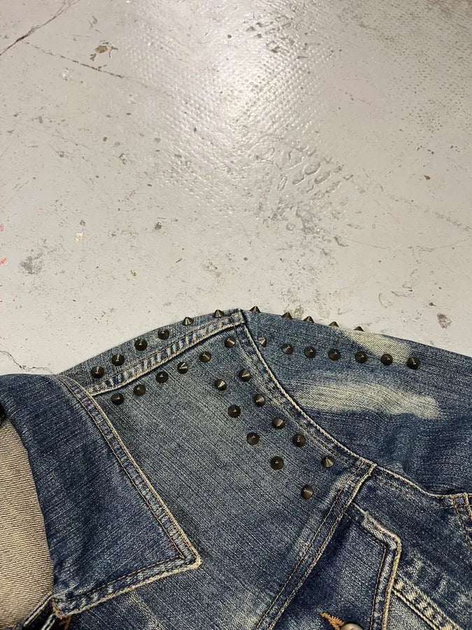 2000s Cavalli Rock Studded Faded Blue Denim Jacket SxiQOrt 5