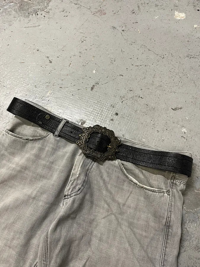 2000s Cavalli Royal Buckle Black Leather Belt (OS) dWEhgrX 8