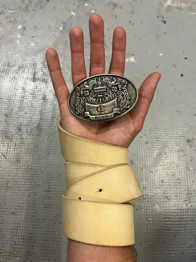 2000s Cavalli Royal Buckle Creamy White Leather Belt eluJRXB 0