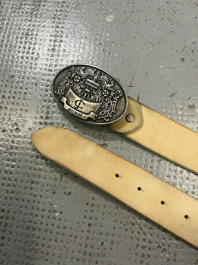 2000s Cavalli Royal Buckle Creamy White Leather Belt eluJRXB 4