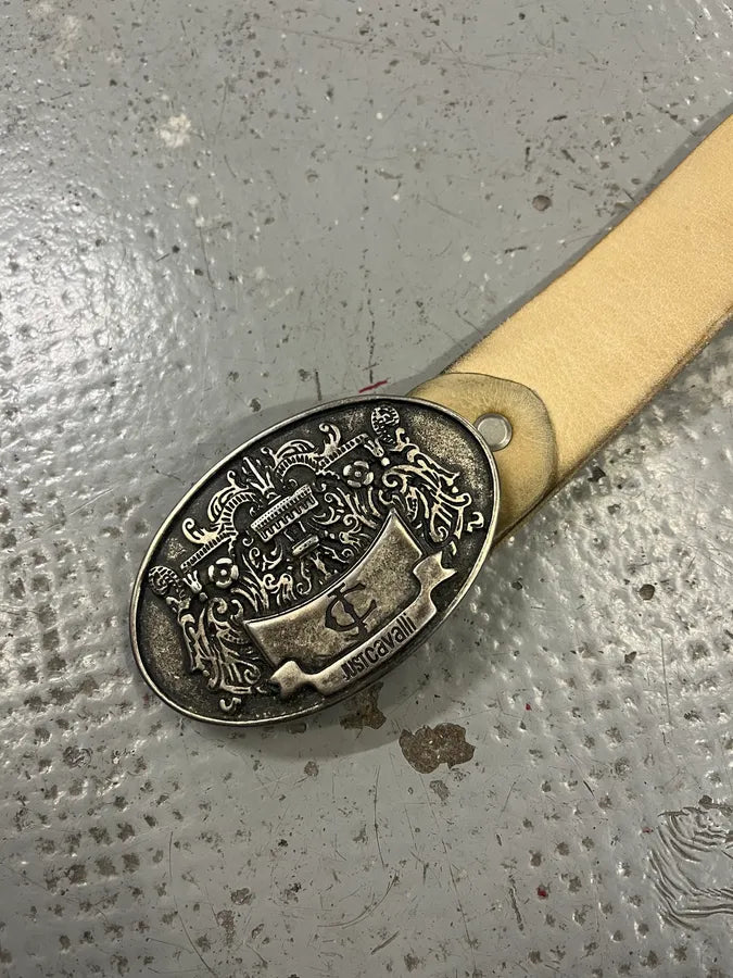 2000s Cavalli Royal Buckle Creamy White Leather Belt eluJRXB 5