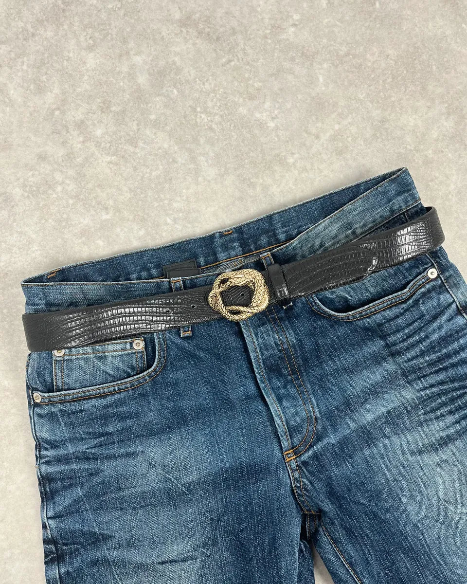 2000s Cavalli Snake Buckle Black Crocodile Effect Leather Belt hWMhEWS 0