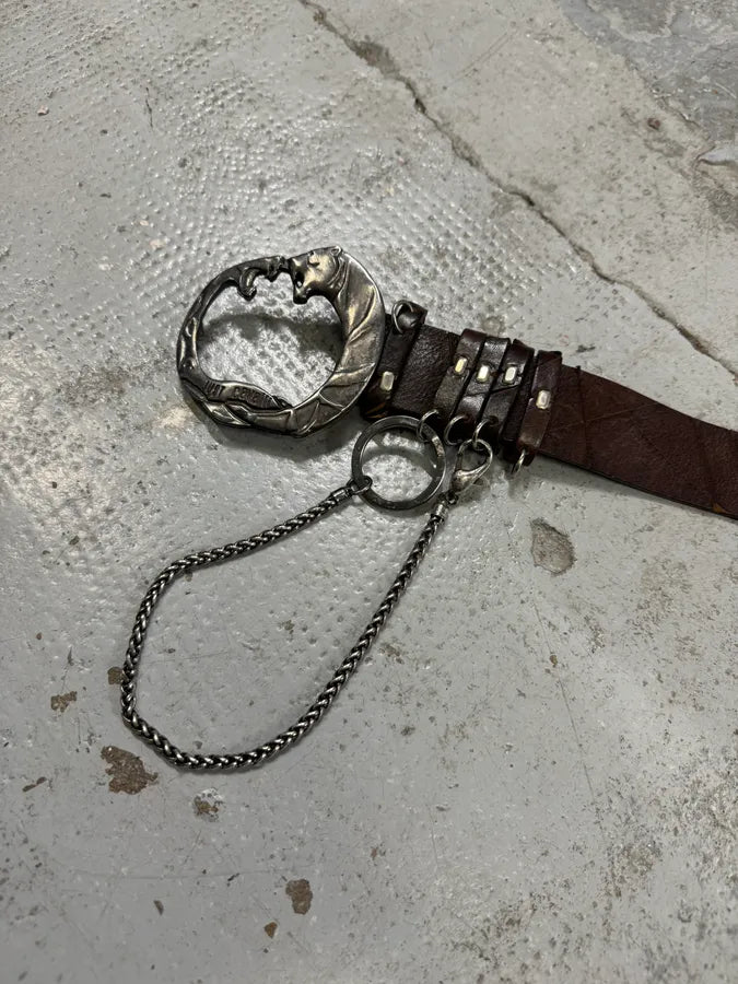 2000s Cavalli Snake vs Tiger Buckie Brown Leather Belt EeUSmzM 3