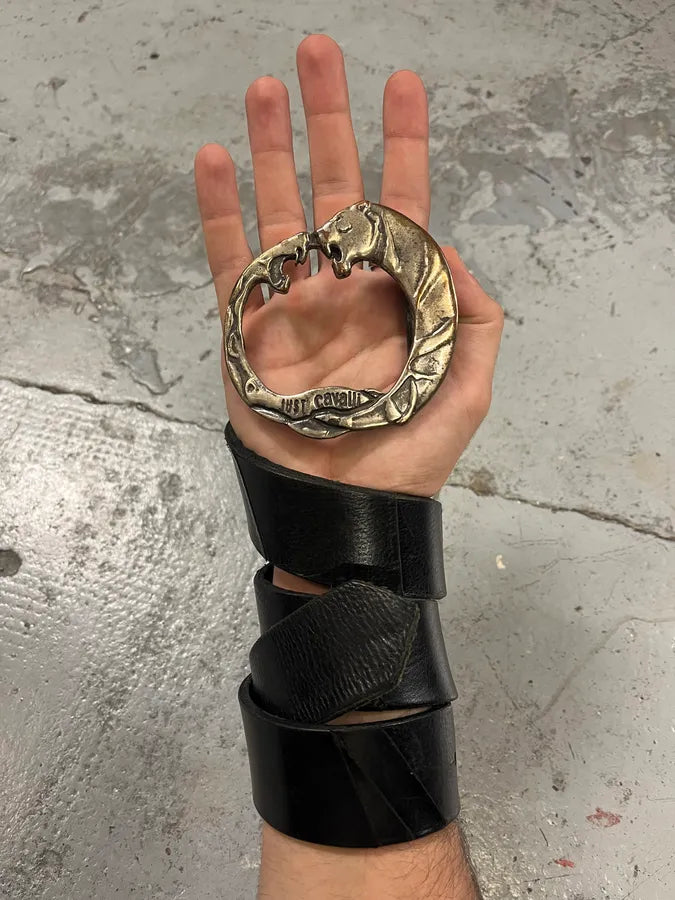 2000s Cavalli Snake vs Tiger Buckle Black Leather Belt uoiIKxy 0