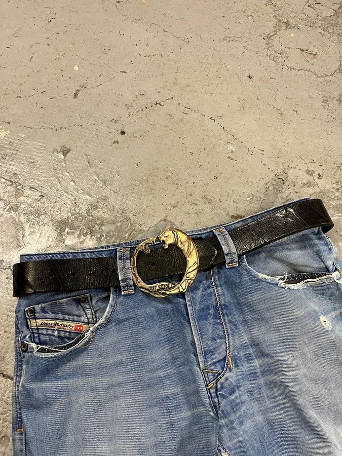 2000s Cavalli Snake vs Tiger Buckle Black Leather Belt uoiIKxy 1