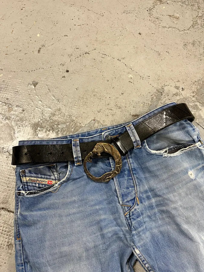 2000s Cavalli Snake vs Tiger Buckle Black Leather Belt uoiIKxy 2