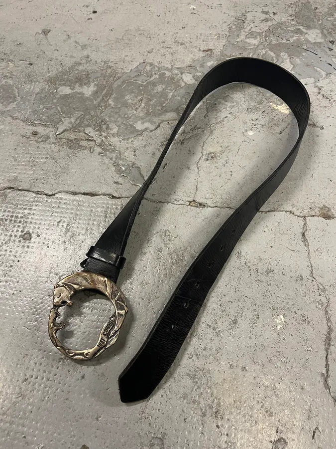 2000s Cavalli Snake vs Tiger Buckle Black Leather Belt uoiIKxy 3
