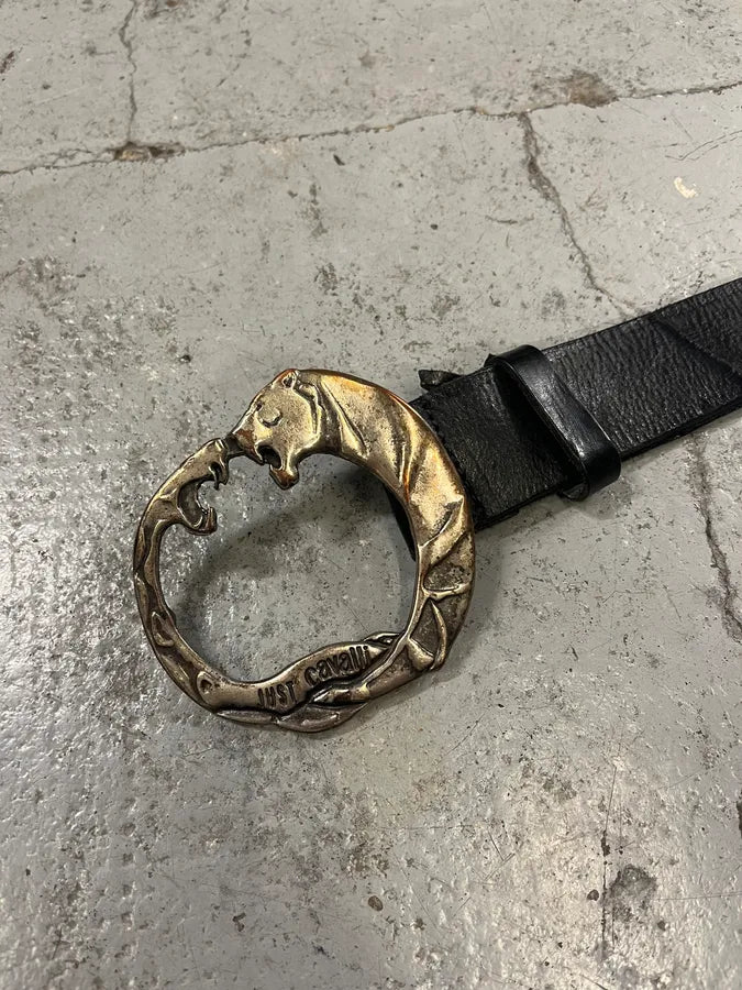 2000s Cavalli Snake vs Tiger Buckle Black Leather Belt uoiIKxy 5