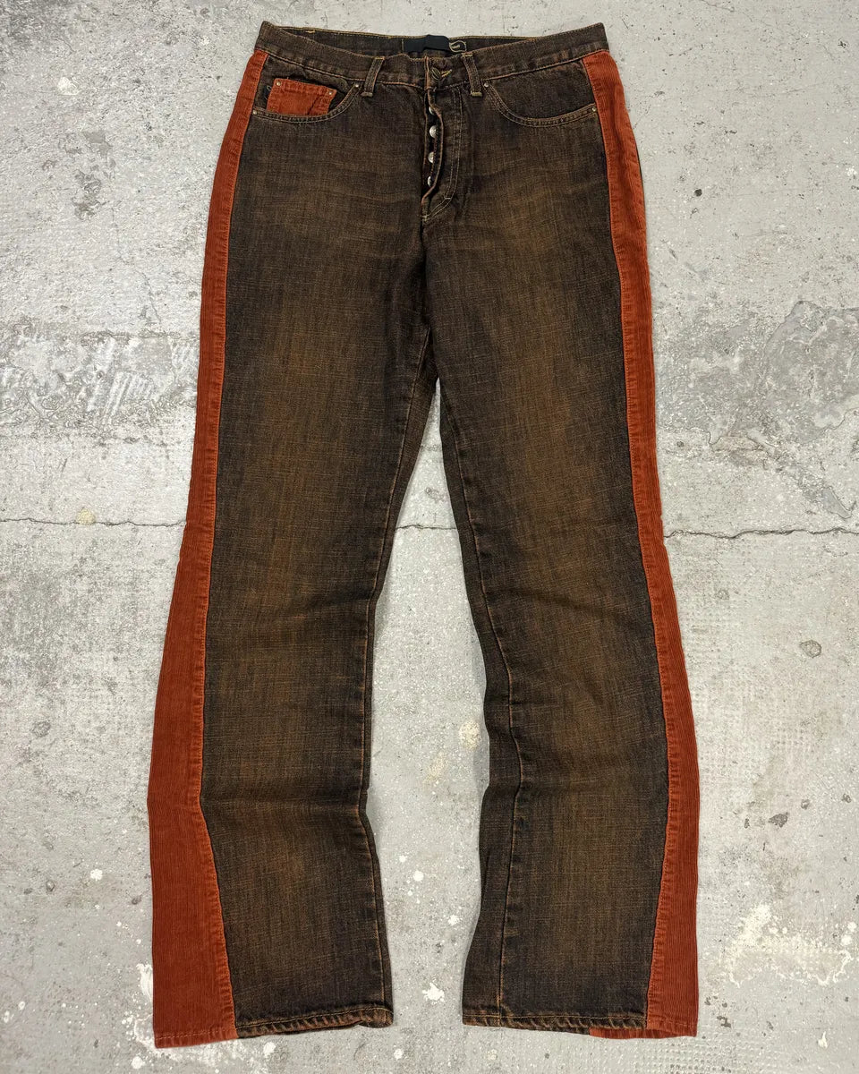 2000s Cavalli Straight Large Orange Velvet & Faded Denim Jeans (S) 0