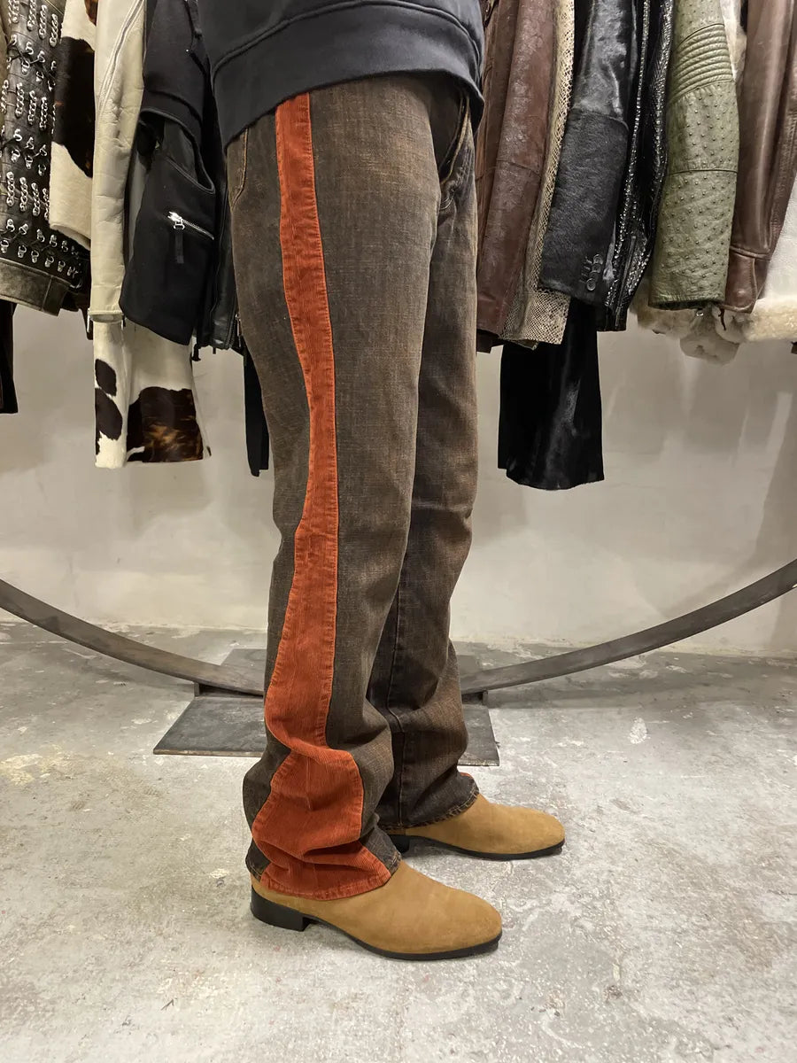 2000s Cavalli Straight Large Orange Velvet & Faded Denim Jeans (S) 1