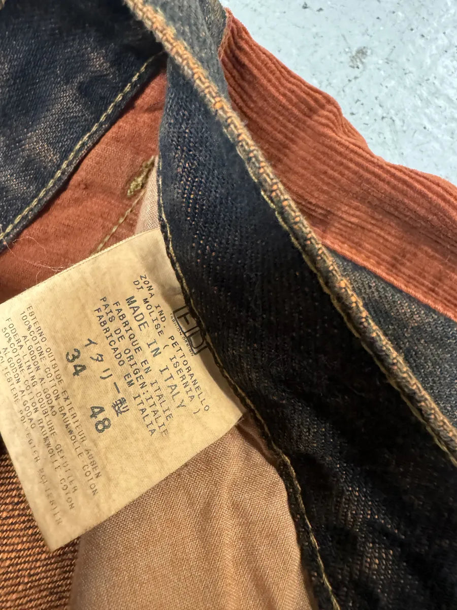 2000s Cavalli Straight Large Orange Velvet & Faded Denim Jeans (S) 10