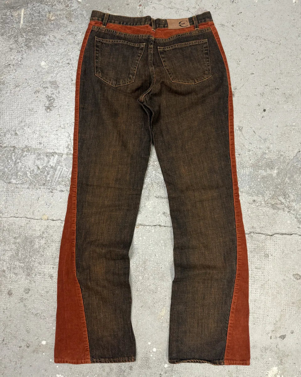 2000s Cavalli Straight Large Orange Velvet & Faded Denim Jeans (S) 2
