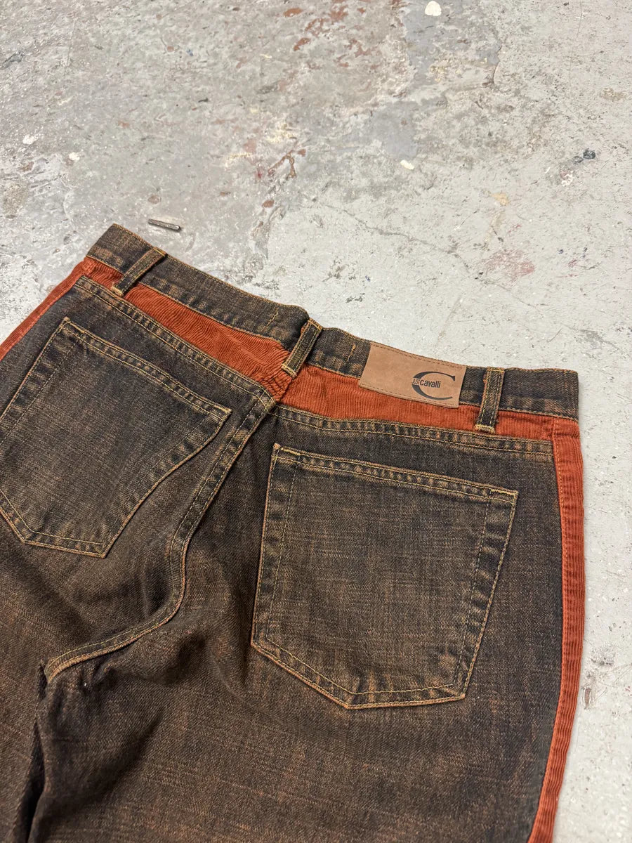 2000s Cavalli Straight Large Orange Velvet & Faded Denim Jeans (S) 3
