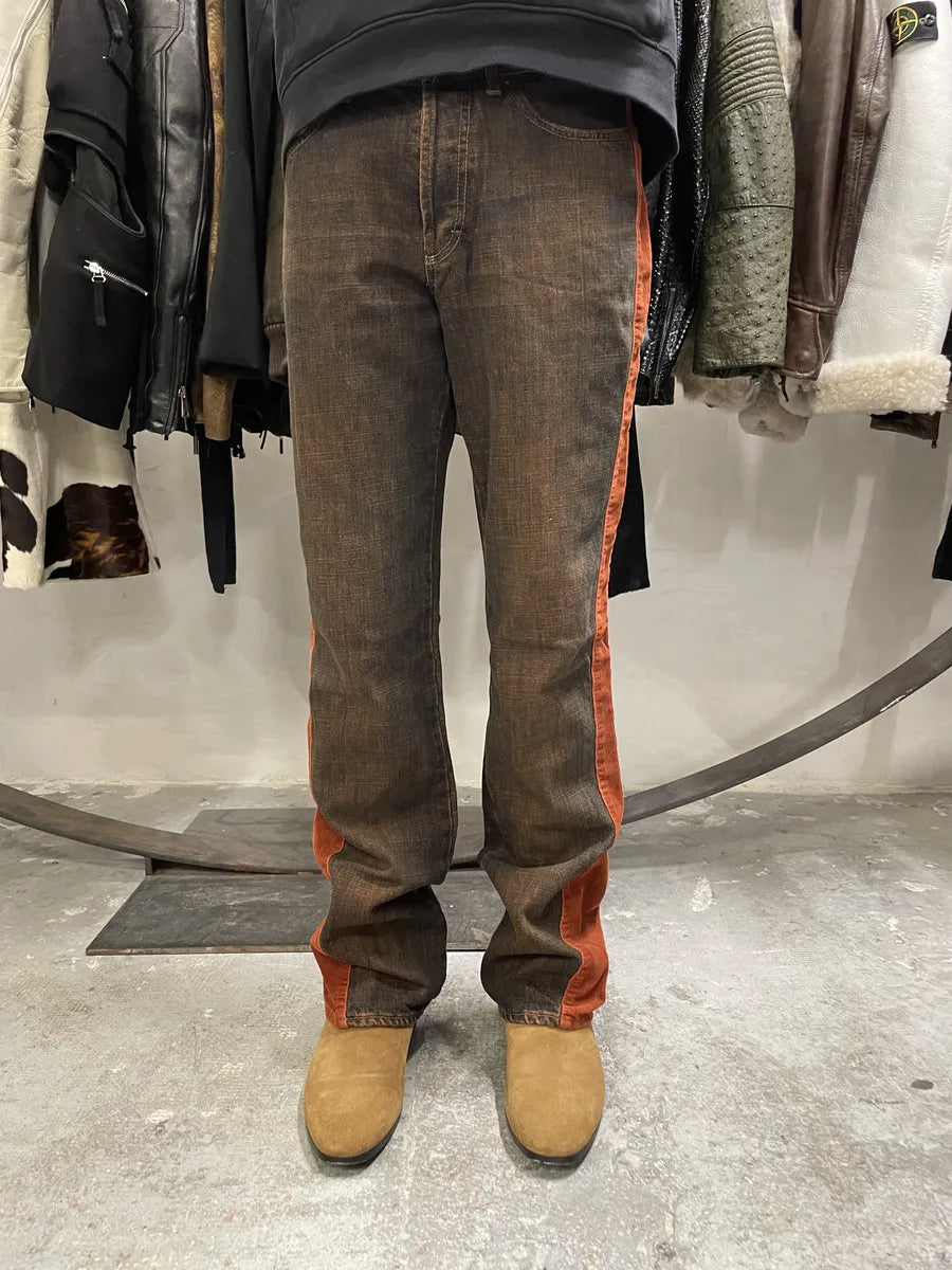 2000s Cavalli Straight Large Orange Velvet & Faded Denim Jeans (S) 4