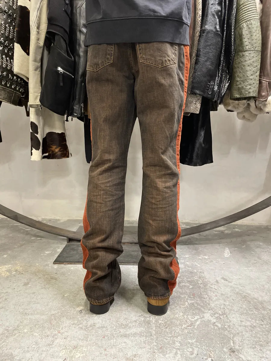 2000s Cavalli Straight Large Orange Velvet & Faded Denim Jeans (S) 5