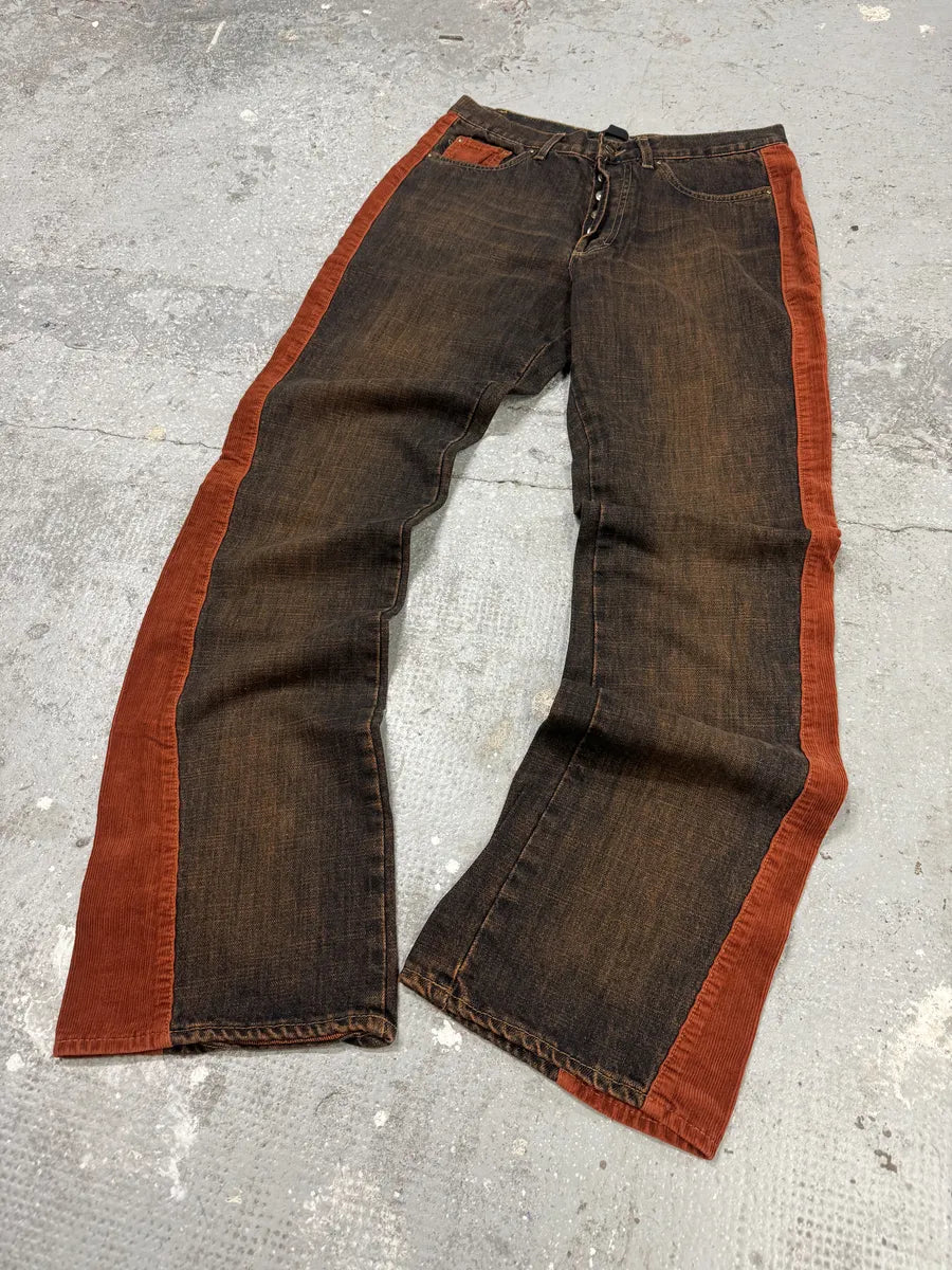 2000s Cavalli Straight Large Orange Velvet & Faded Denim Jeans (S) 6